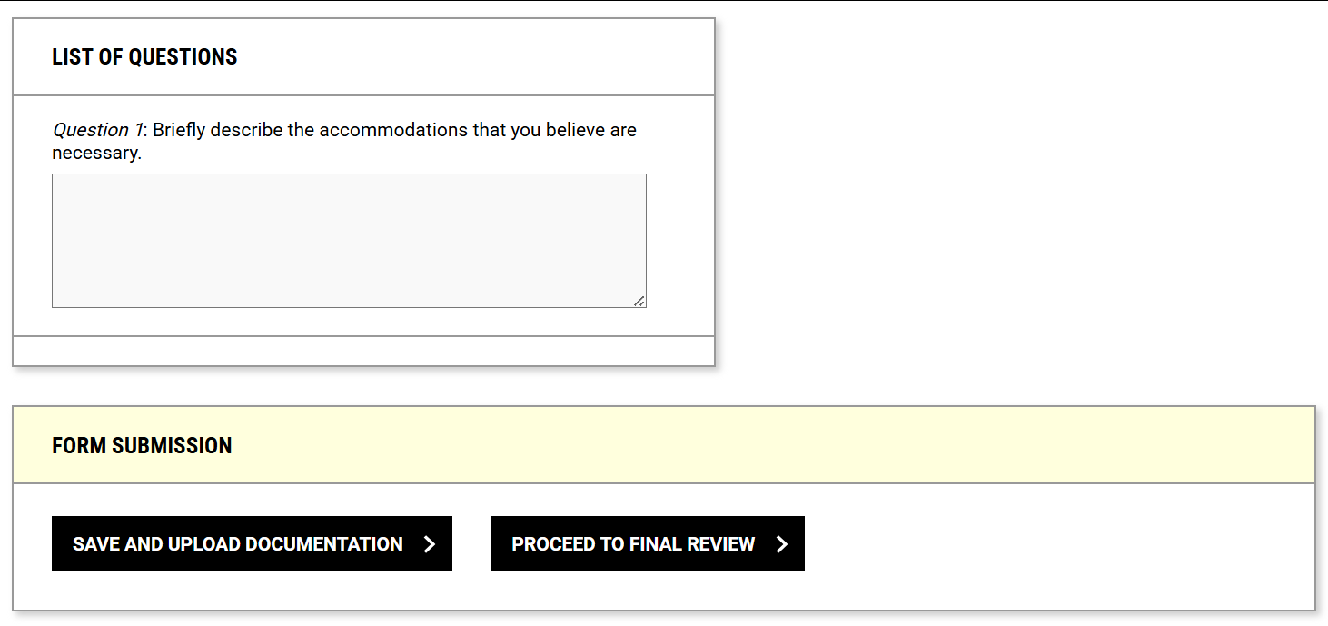 Screenshot of the question to describe accomodations