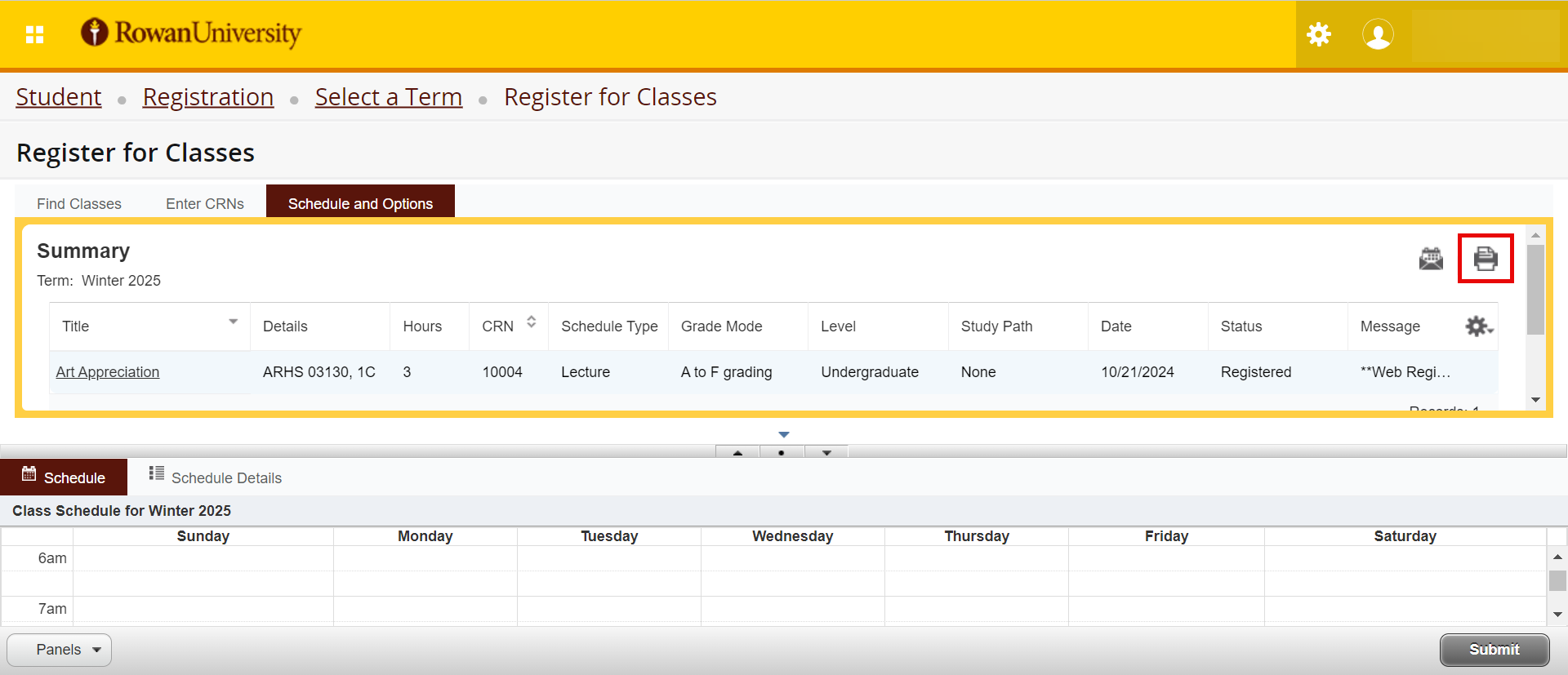 Register for Classes, Schedule and Options Tab, Print Icon