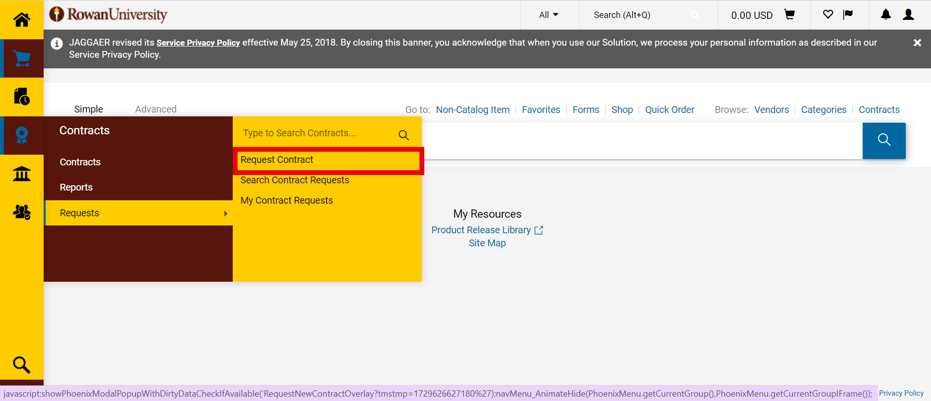 A drop-down menu that shows up after hovering over the contract icon. It then leads to requests and request contract.