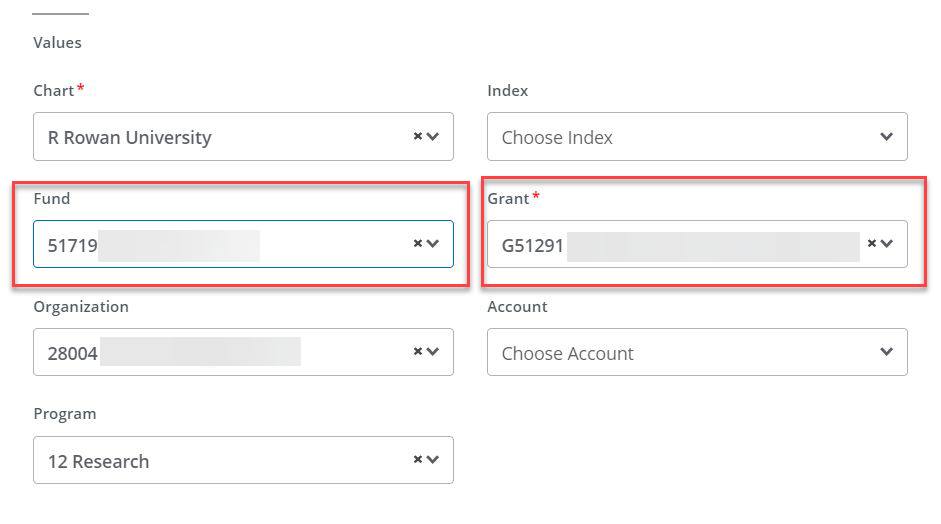 Fund and Grant fields highlighted in red showing the grant number entered with the fund numbered entered for a grant with multiple funds