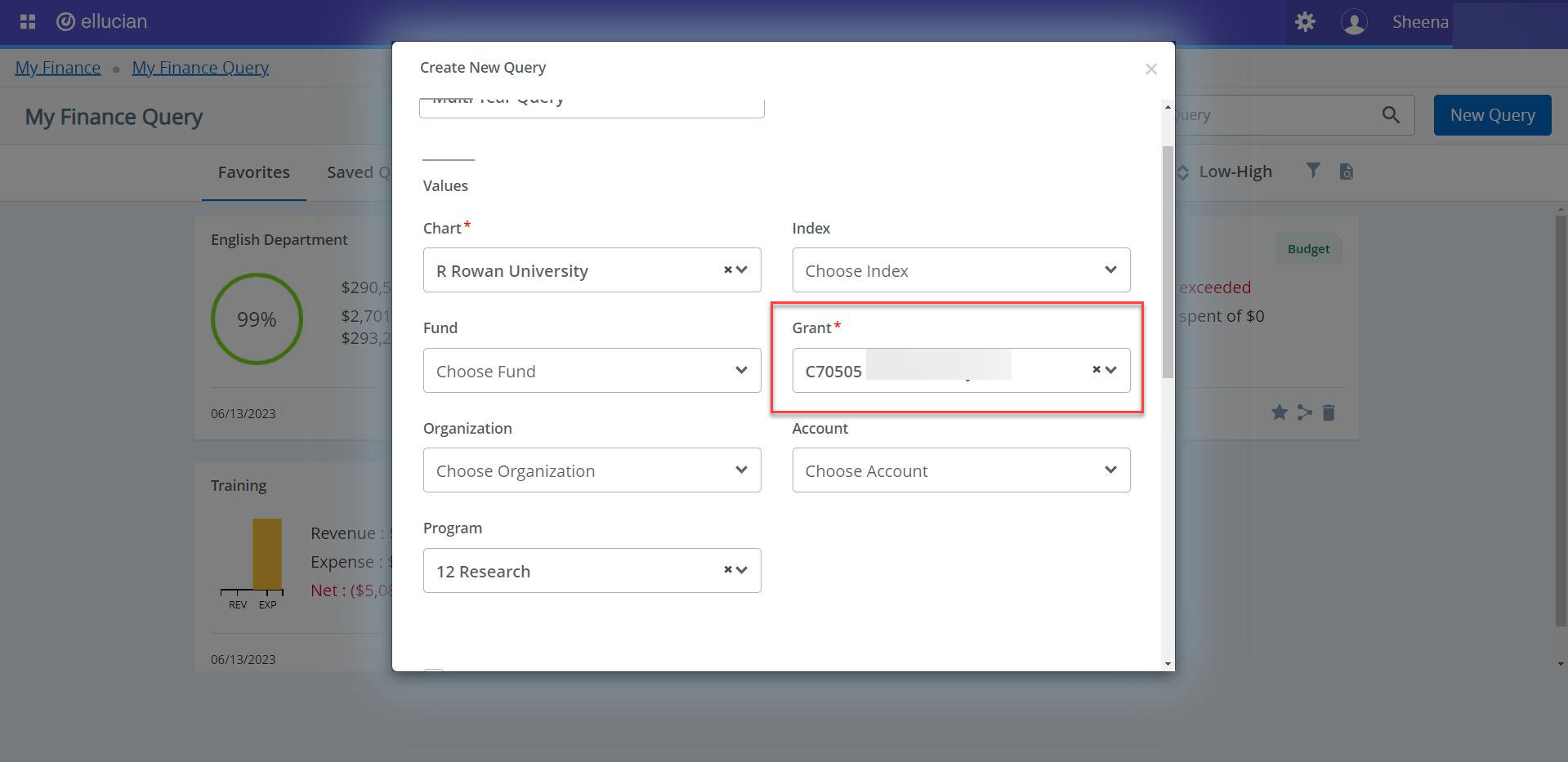 create new query screen "grant field" is highlighted in red with a C70505 number in it