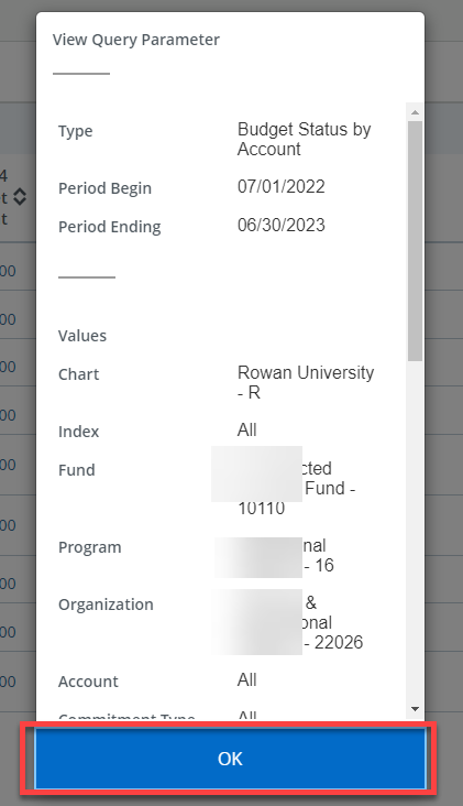 View query perimeter screen with the OK button highlighted in red at the bottom