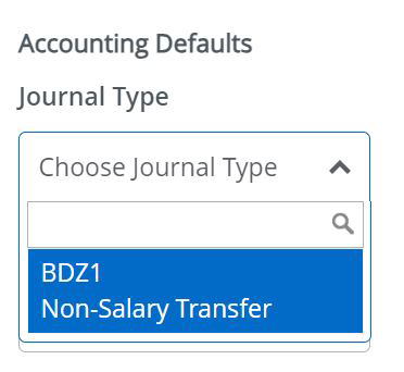 under the "Accounting Defaults" section the "Chosse Journal" drop down menu "BDZ1 Non-Salary Transfer" is chosen in blue