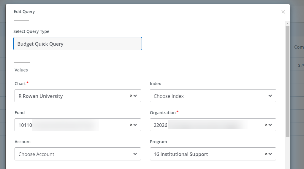 edit query screen with Query type listed as "Budget Quick Query"