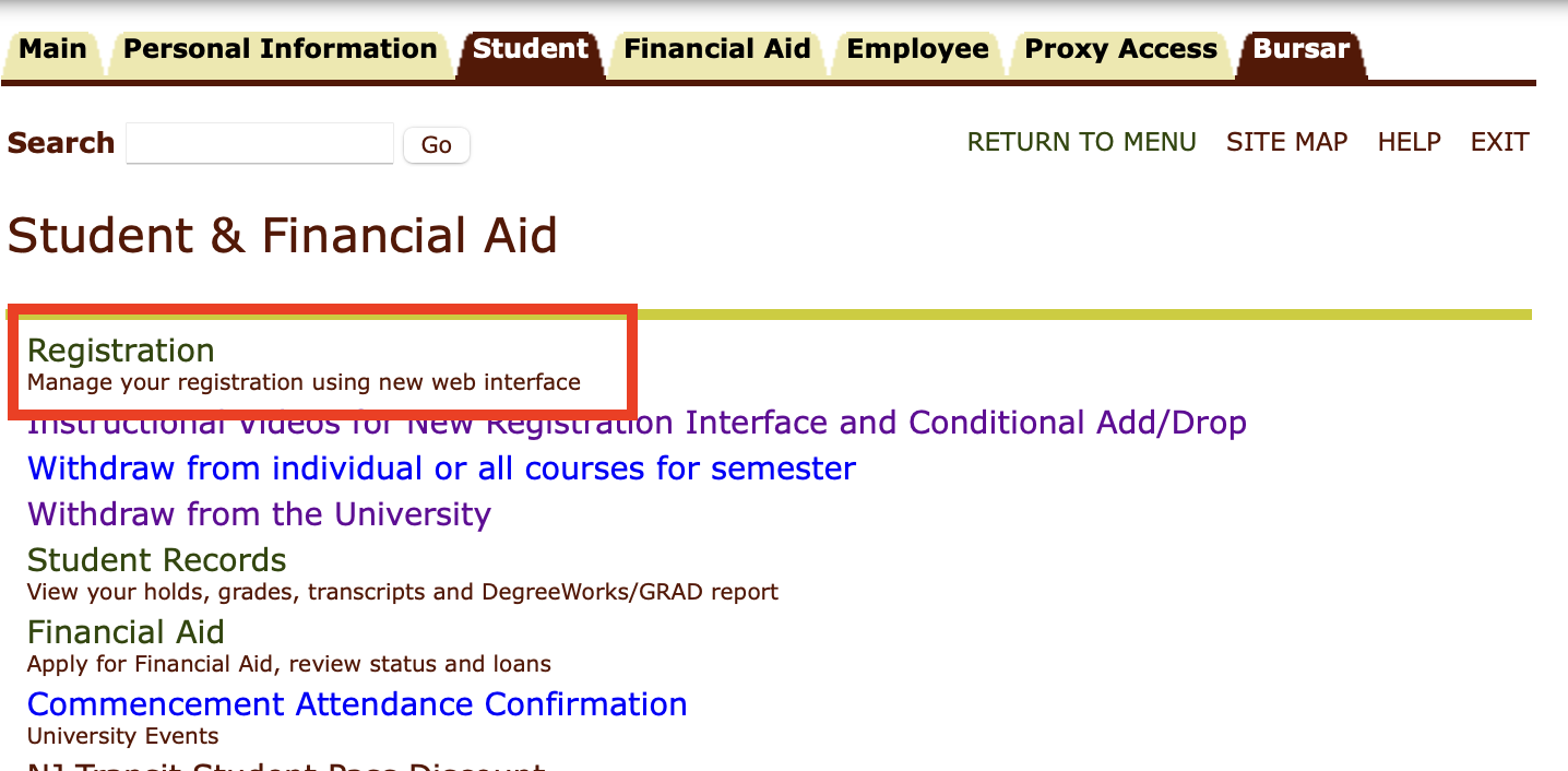Student & Financial Aid Screen, Registration 