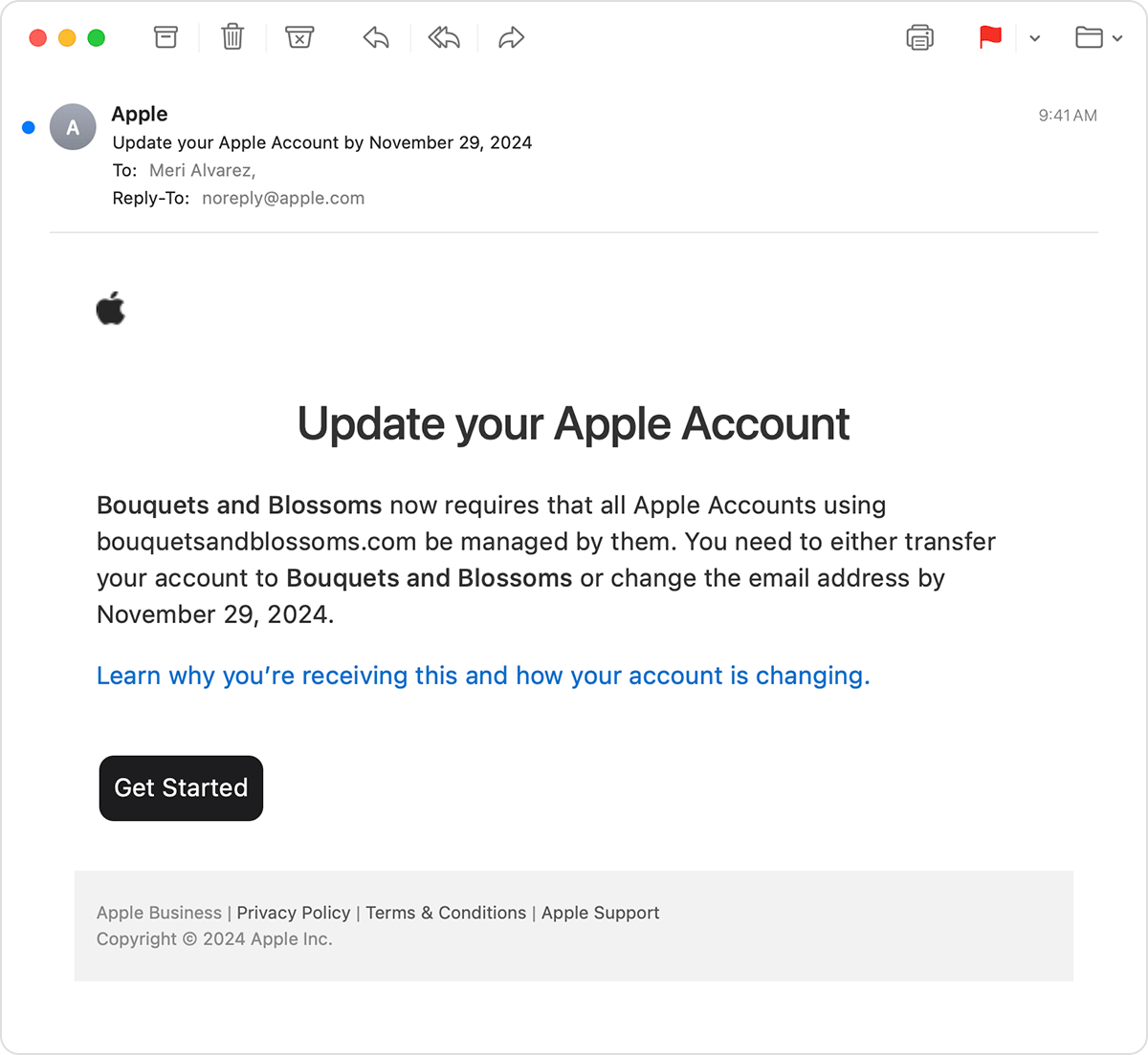 An example of an email from an Apple no-reply email address to an Apple Account using Rowan University's email domain with a subject line and message instructing the user to update their Apple Account, providing the options to either transfer the account to a Rowan University account or change the email address by a certain date.
