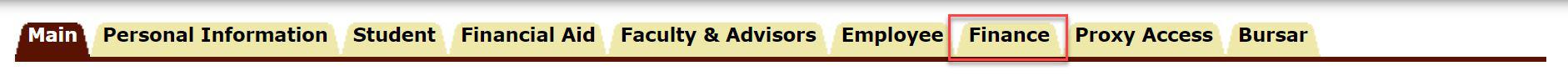 The tab at the top of the Self-service Banner site, the "Finance" tab is highlighted in red