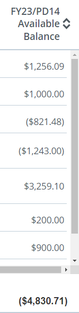 available balance column ending in a negative number with parenthesis around it to show negative