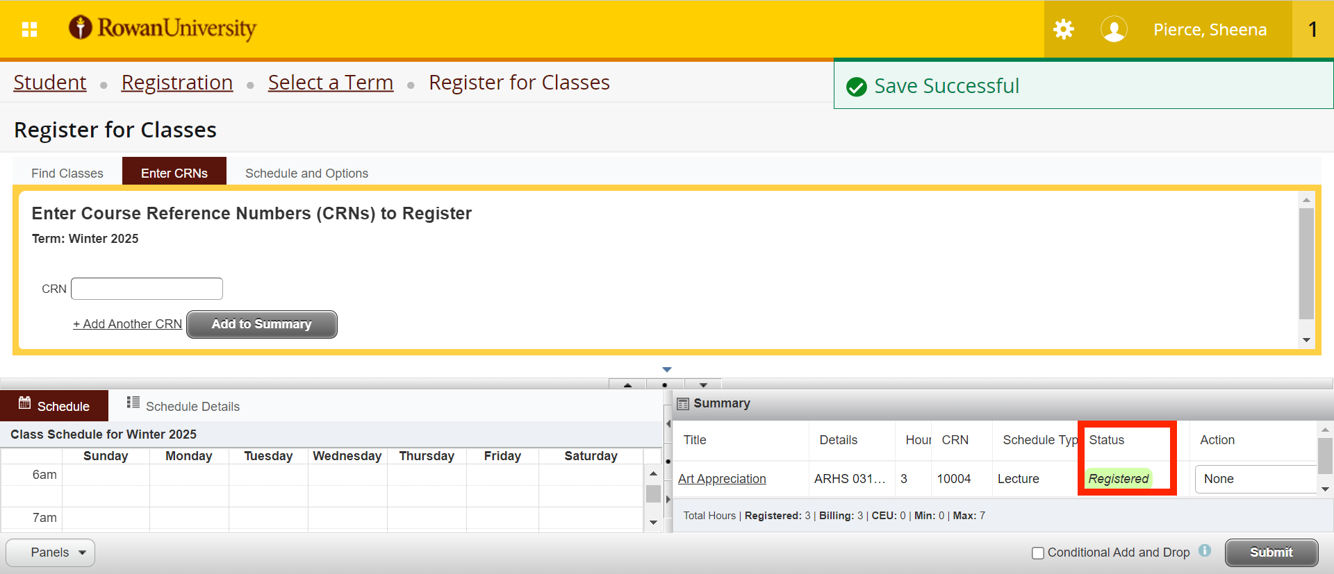 Register for Classes Screen, Registered Status