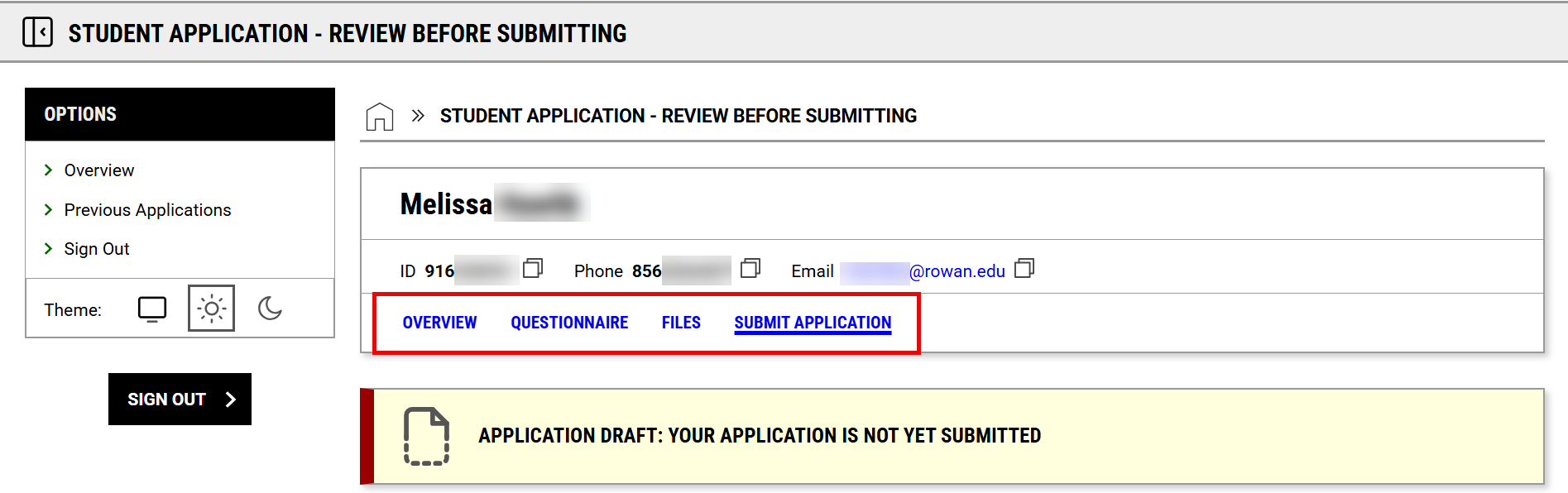 Screenshot with red box around overview, questionnaire, file, submit application