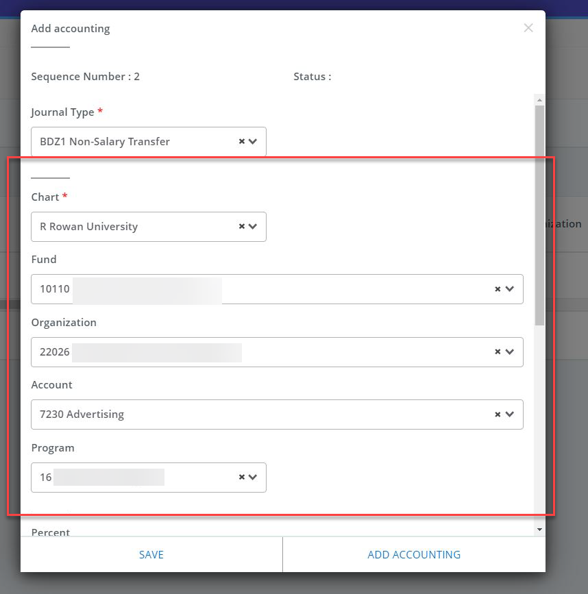 in the add accounting screen, the fields are filled in for "Chart, Fund, Organization, Account, and Program" and highlighted in red