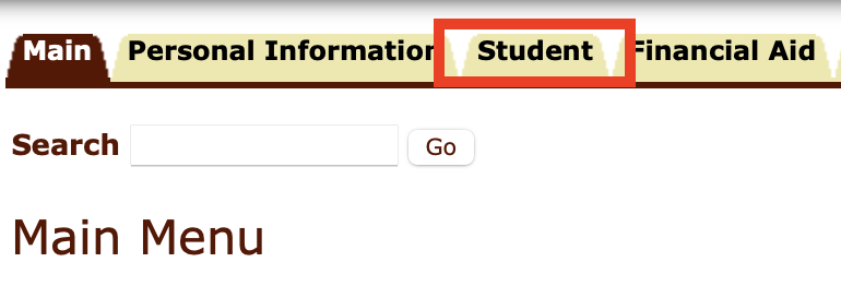 Self-Service Banner Main Menu Screen, Student Tab