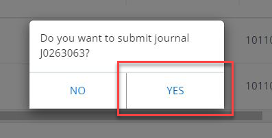 the message "Do you want to submit journal J0263063" with the "yes" button highlighted in Red.