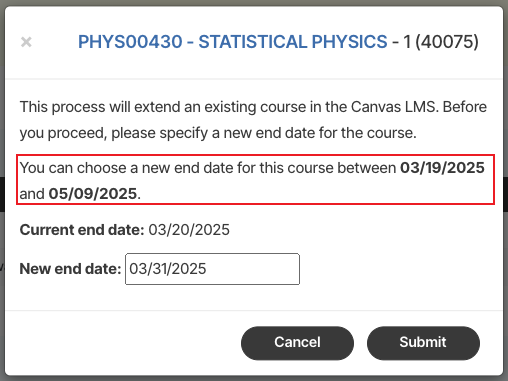 Extend Student Access modal popup with date span boxed in red