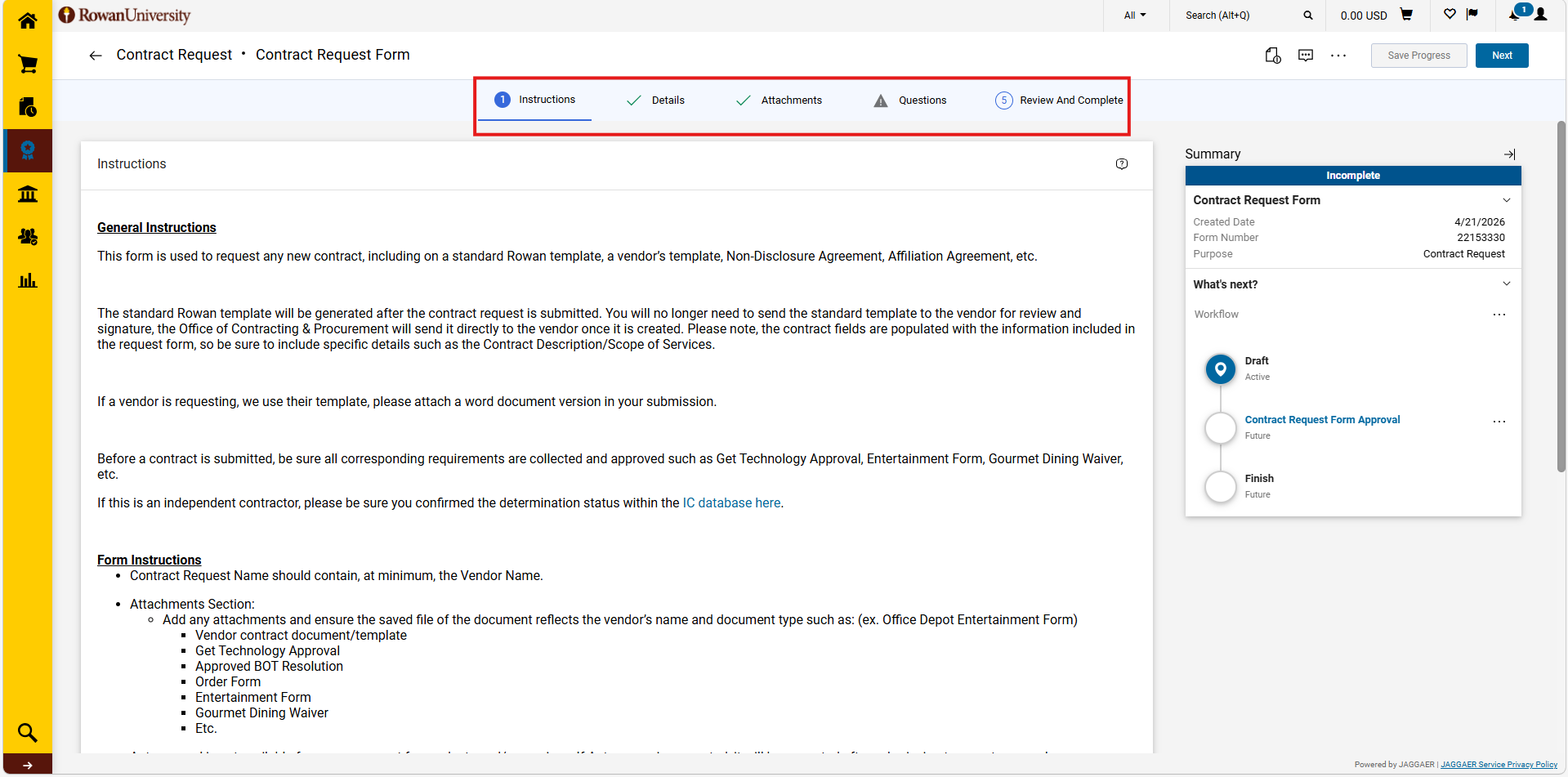 Different tabs that appear. They are instructions, details, attachments, questions, and review and complete.