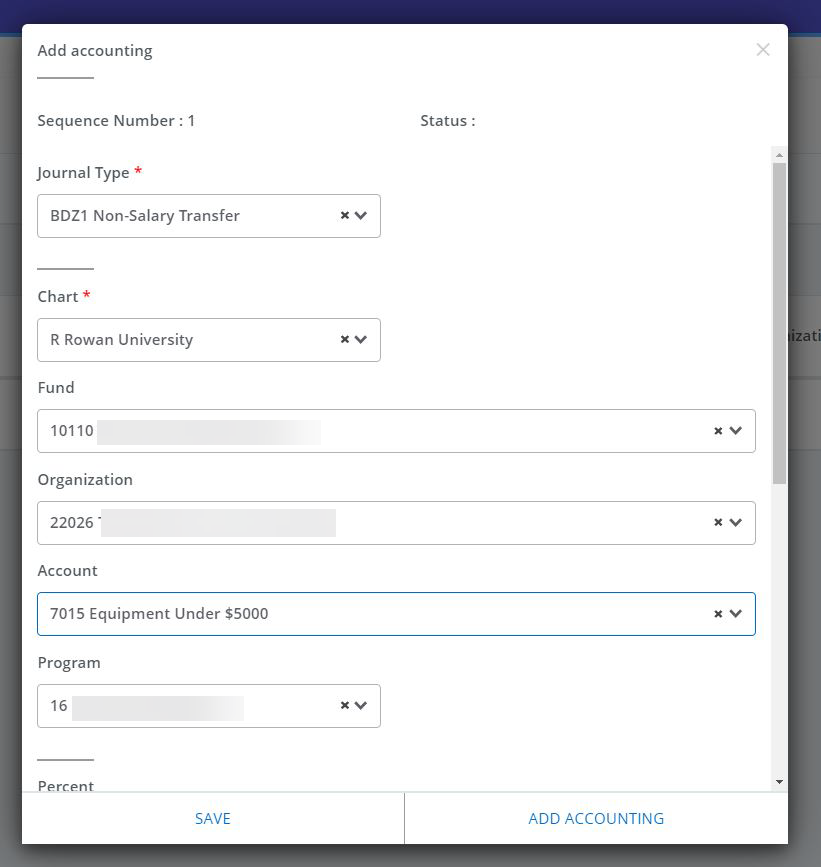 in the add accounting screen, the fields are filled in for "Chart, Fund, Organization, Account, and Program"