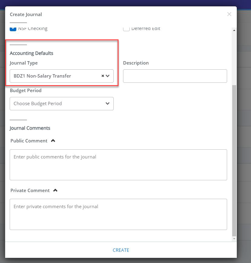 in the create journal screen, the "journal type" menu is on "BDZ1 Non-Salary transfer" and is highlighted in red
