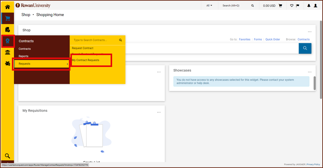A box around a contract drop-down menu. Then a requests button being selected, then a "my contract requests" box being selected.