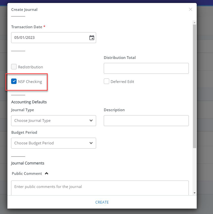 in the create journal screen, the "NSF CHECKING" button is checked off and is highlighted in red