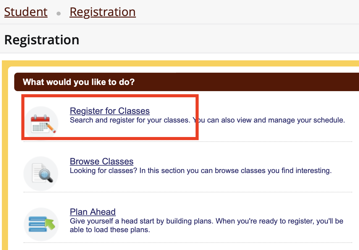Registration Screen, Register for Classes