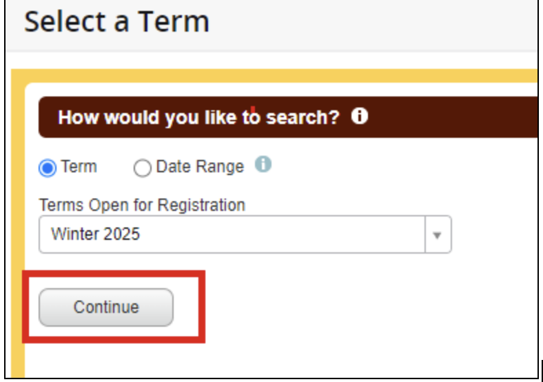 Select Term Continue Button