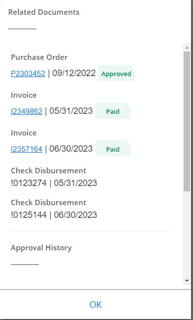 related documents window with PO number and Requisition numbers and ok button