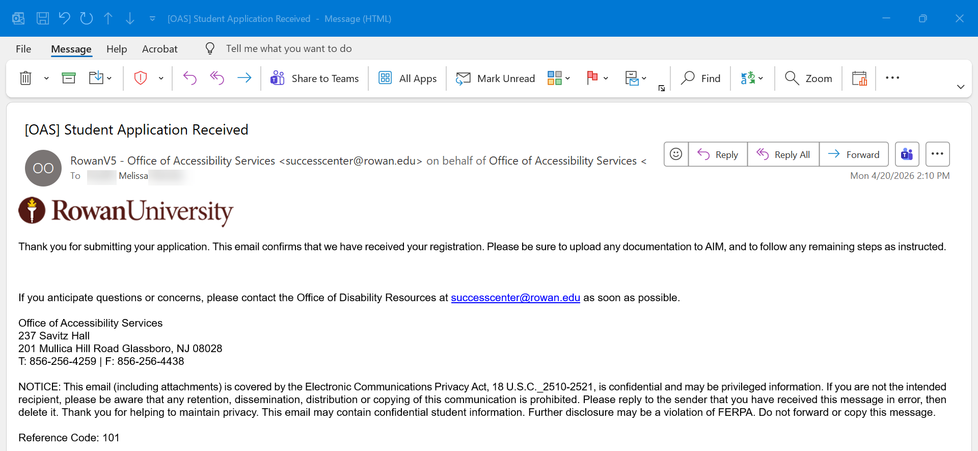 Email confirmation from the Office of Accessibility Services indicating that the student application has been received.