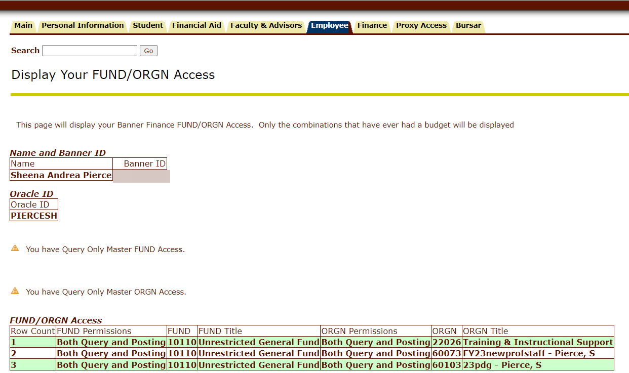 Fund/Org Access screen with name and banner id and a table with Fund/Org access listed at the bottom showing posting a query permissions