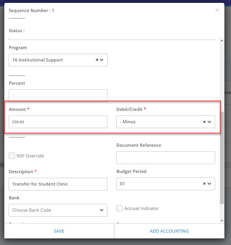 in the window the Fields "amount: $250.00" and the Debit/Credit "-Minus" are filled in and highlighted in red