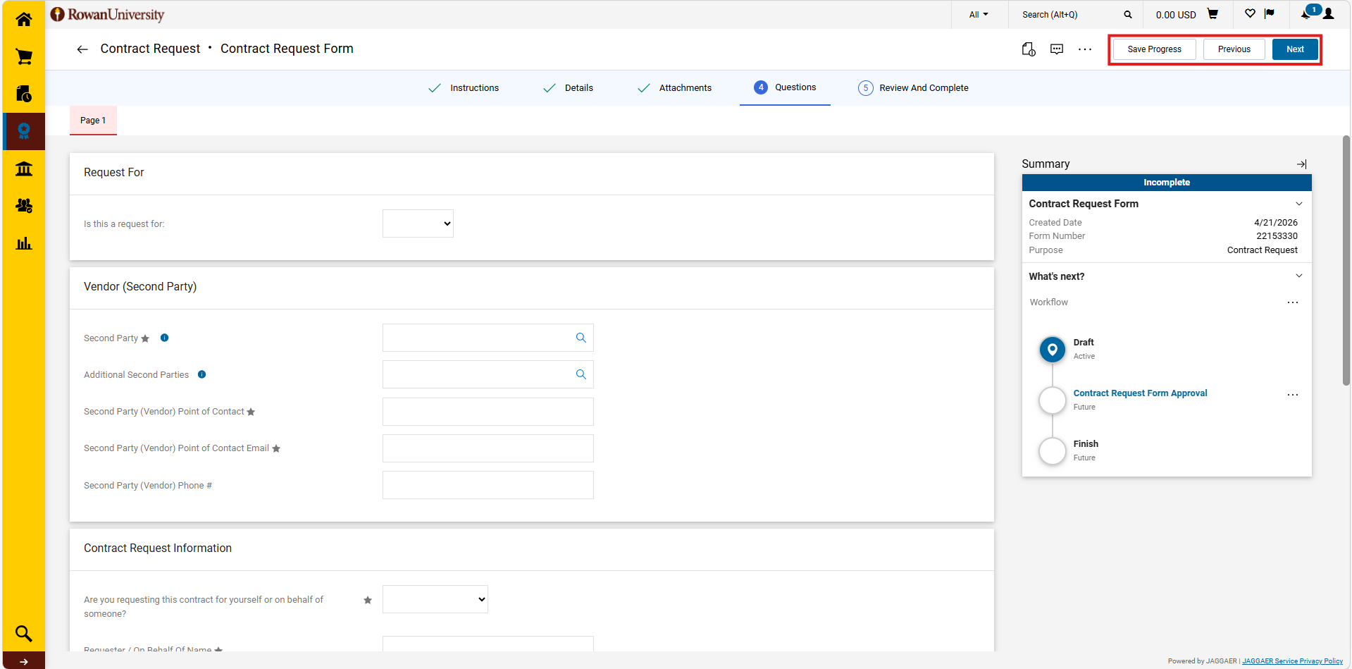A box around a save progress button, a previous button, and a next button.