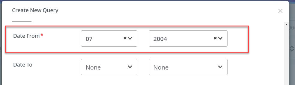 "Date From" field highlighted in red, with 07, 2004 in drop down menus