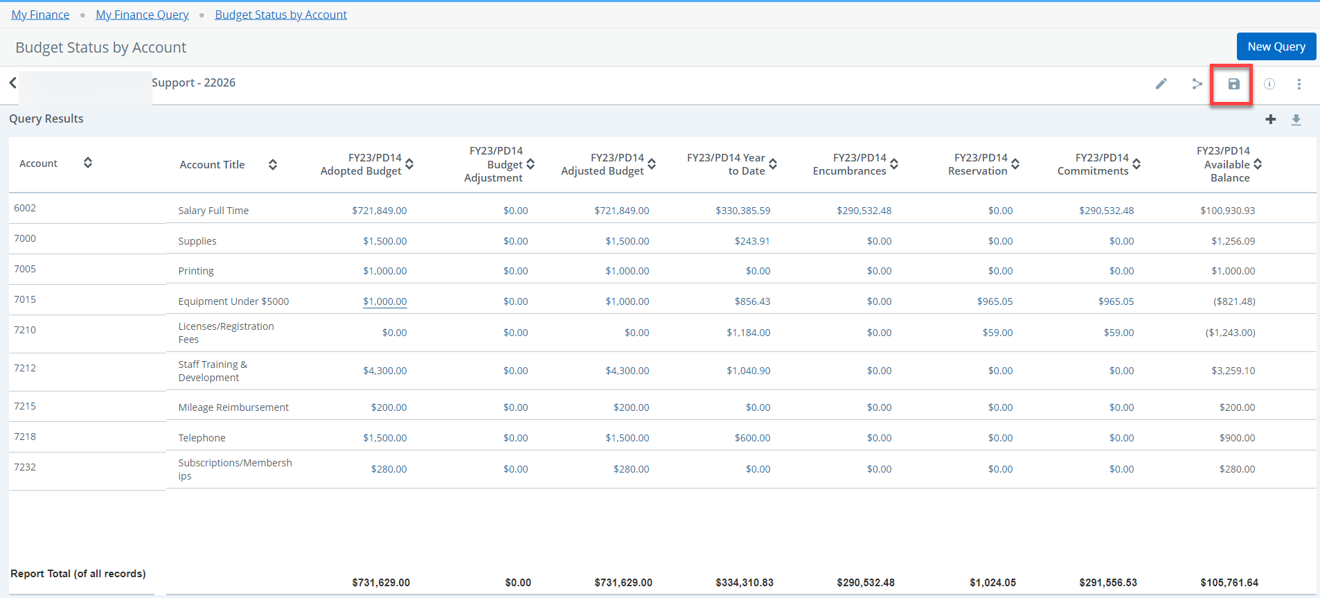 budget status by account screen with the save icon highlighted in red
