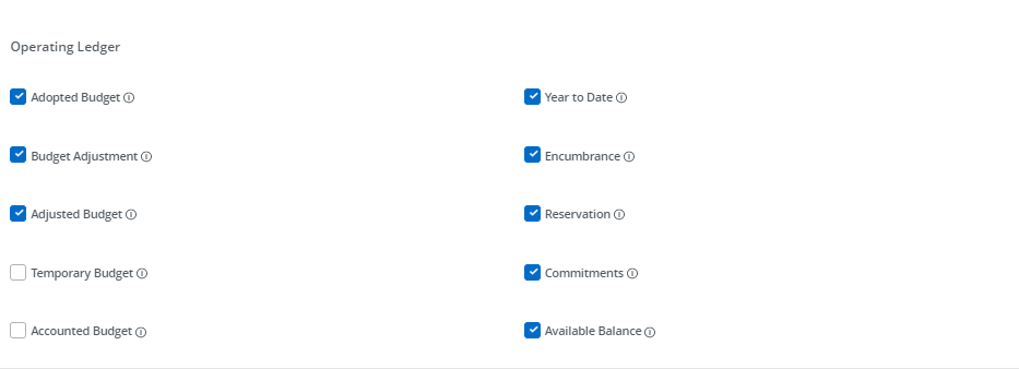 operating ledger with all fields checked off except temporary and adjusted budget