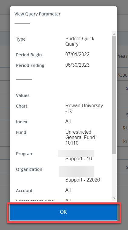 view query parameter pop up with the "Ok" button highlighted in red