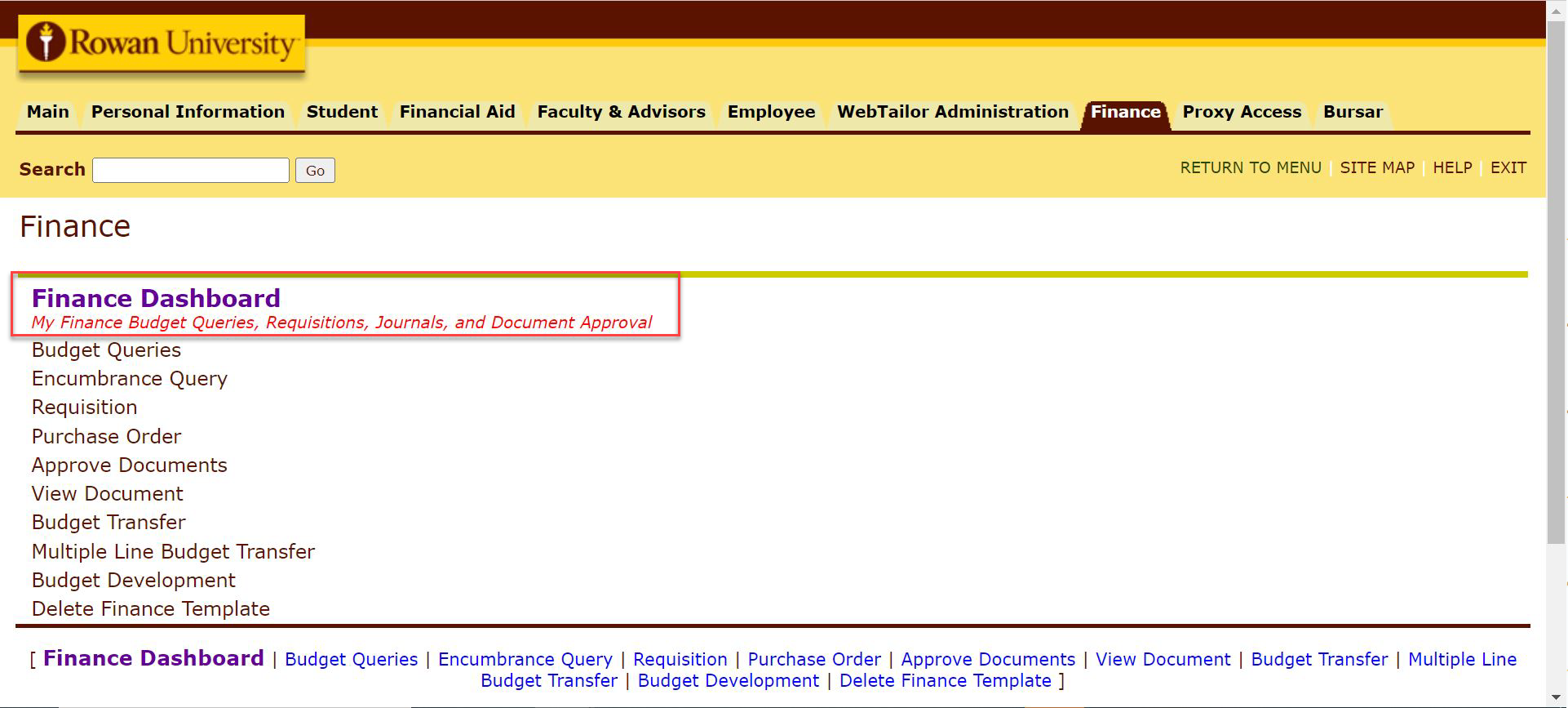 Rowan University Banner tabs with the Finance tab open with a red box highlighting the "Finance Dashboard" Link