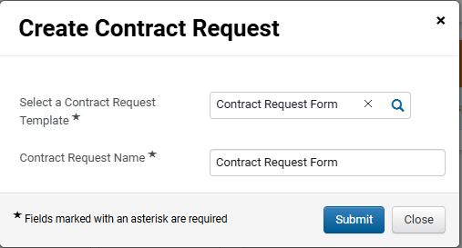 A box that shows a contract request being created. It shows the name "Contract Request Form" and template "Contract Request Form."
