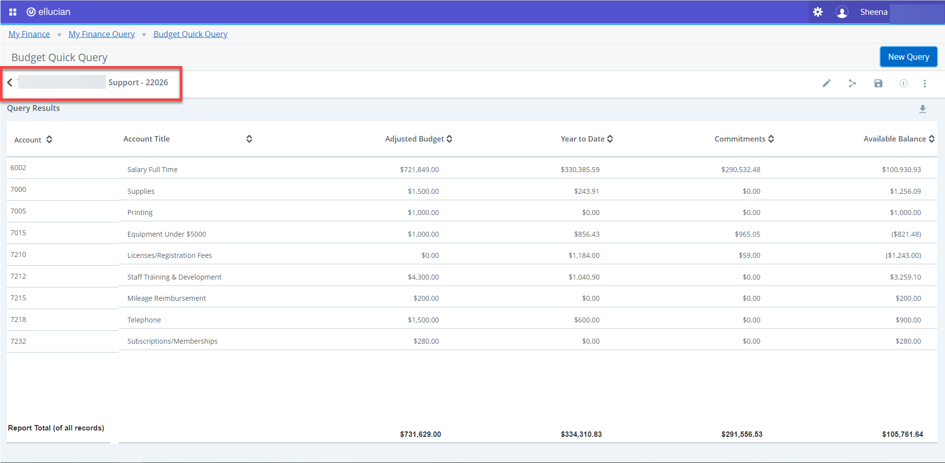 budget quick query screen with ORG number highlighted in Red