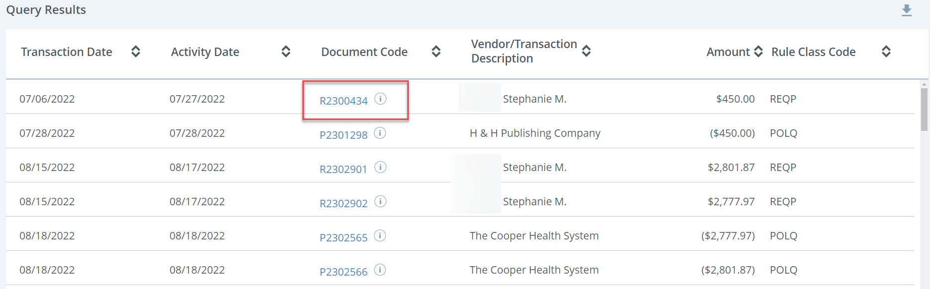Query results screen with a Requisition number highlighted in red and Blue hyperlink you can select