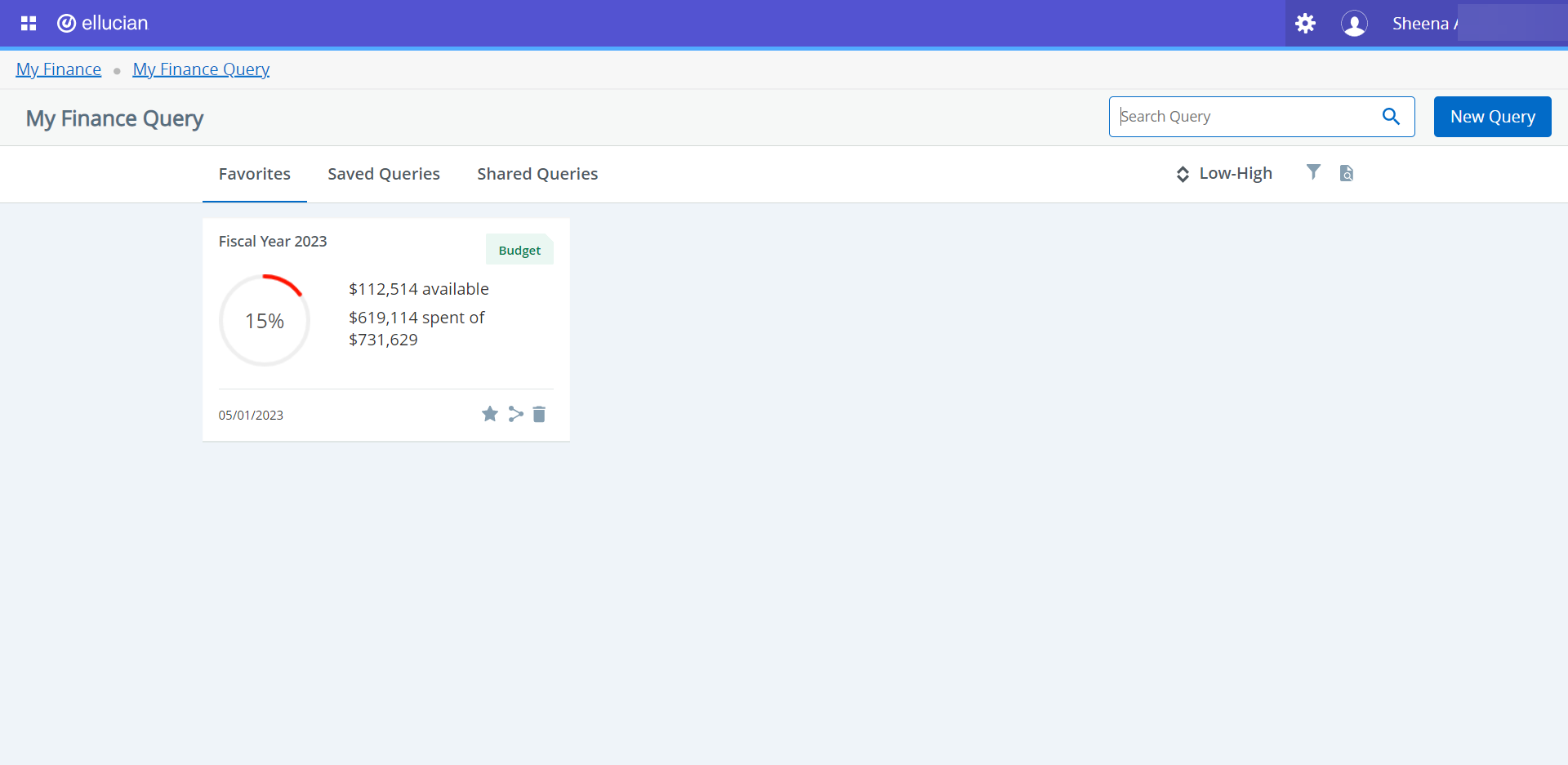 My finance Query on the favorites tab showing a saved query