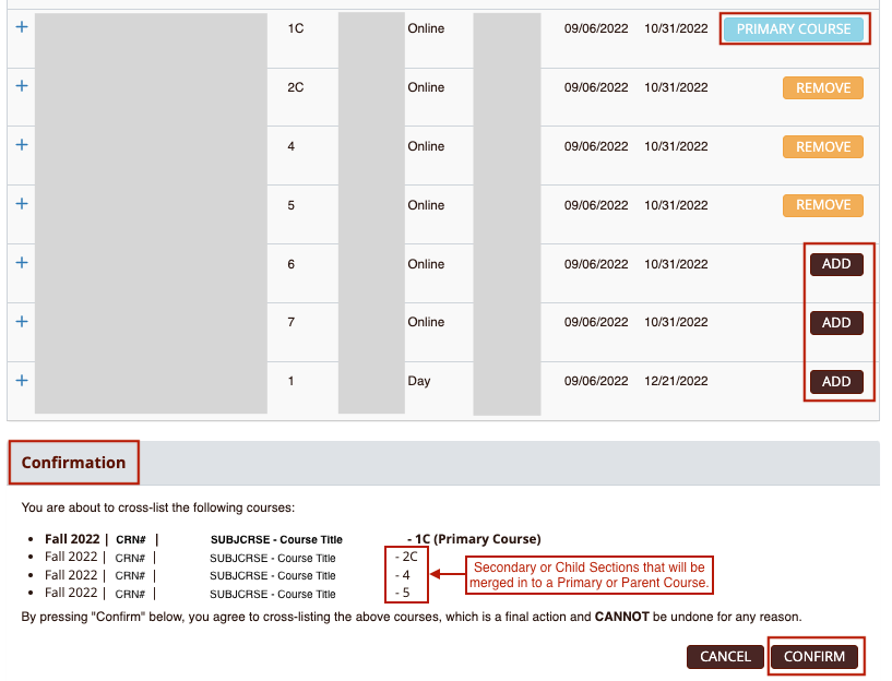 The image highlights the Primary Course Label, Add Button, Confirmation Header, and the Confirm Button.