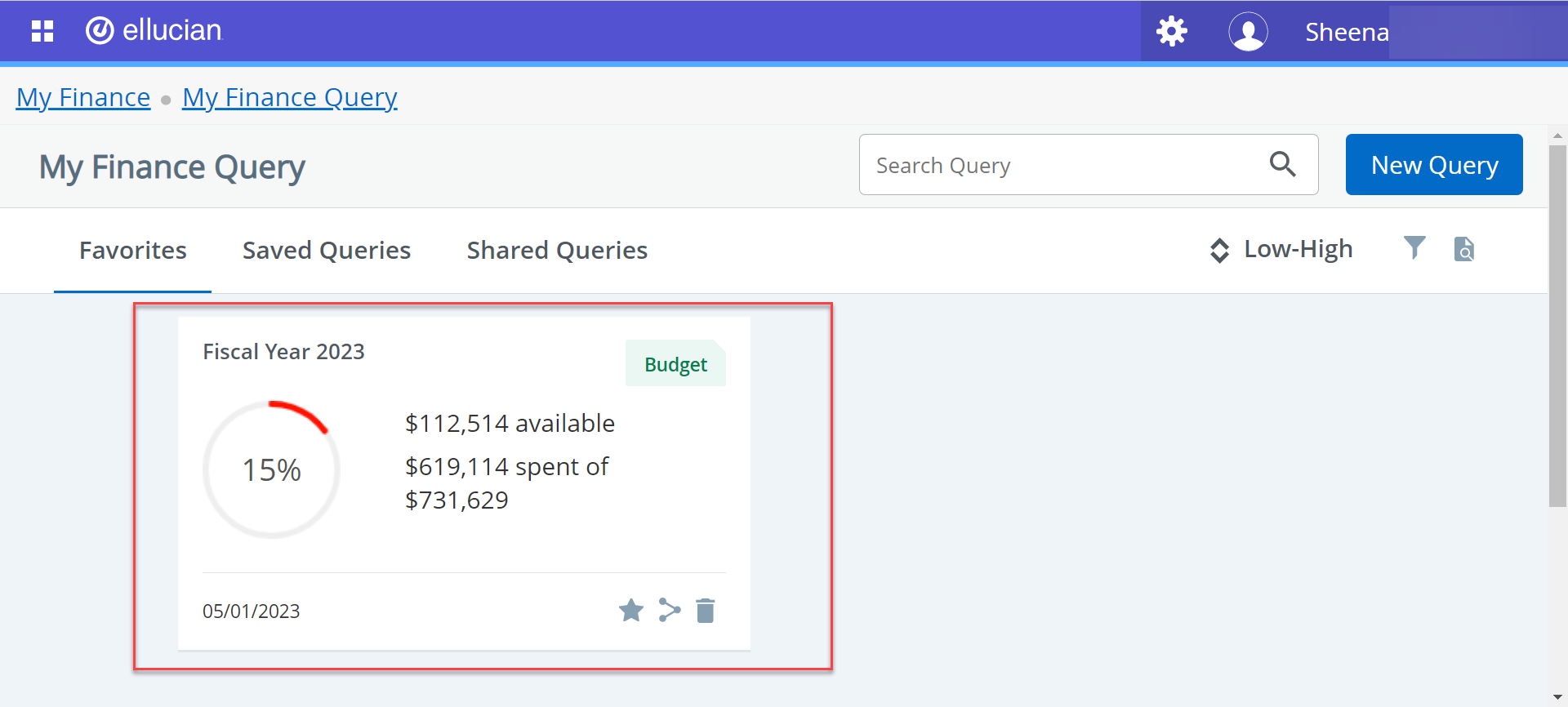 My Finance Query favorites screen with the favorite section saved highlighted in Red