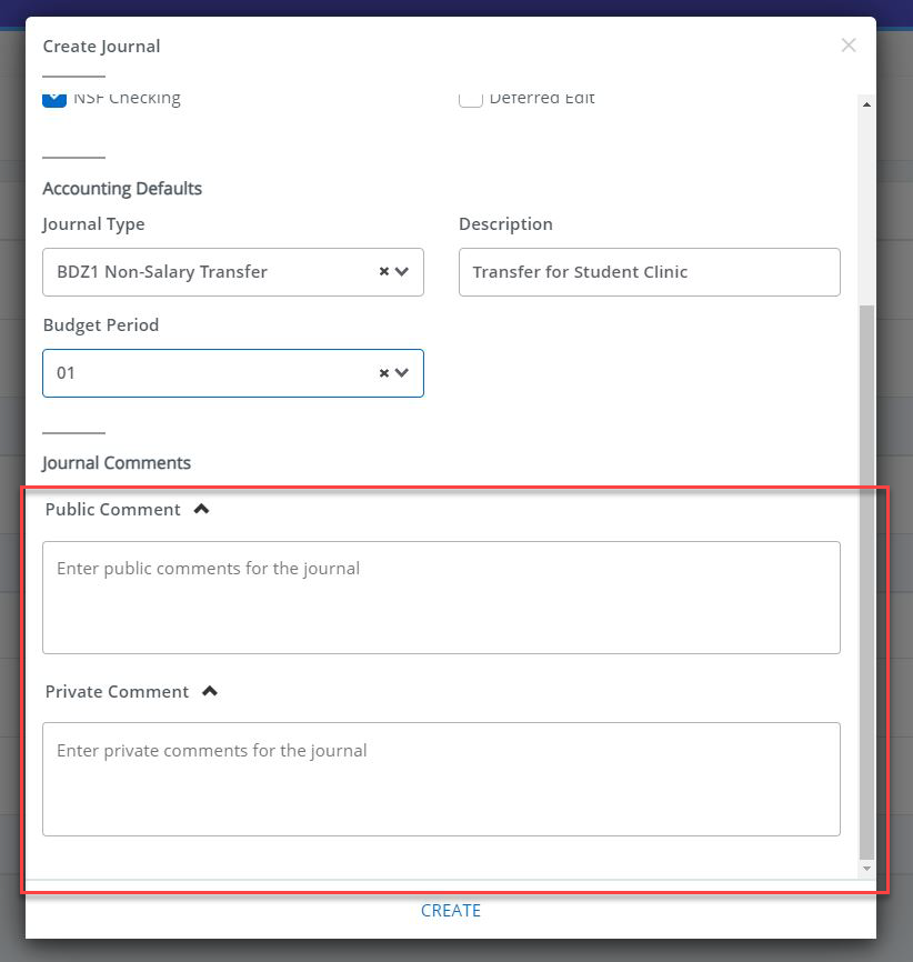 in the create journal screen, the "Public Comment" and "Private Comment" fields are highlighted in red