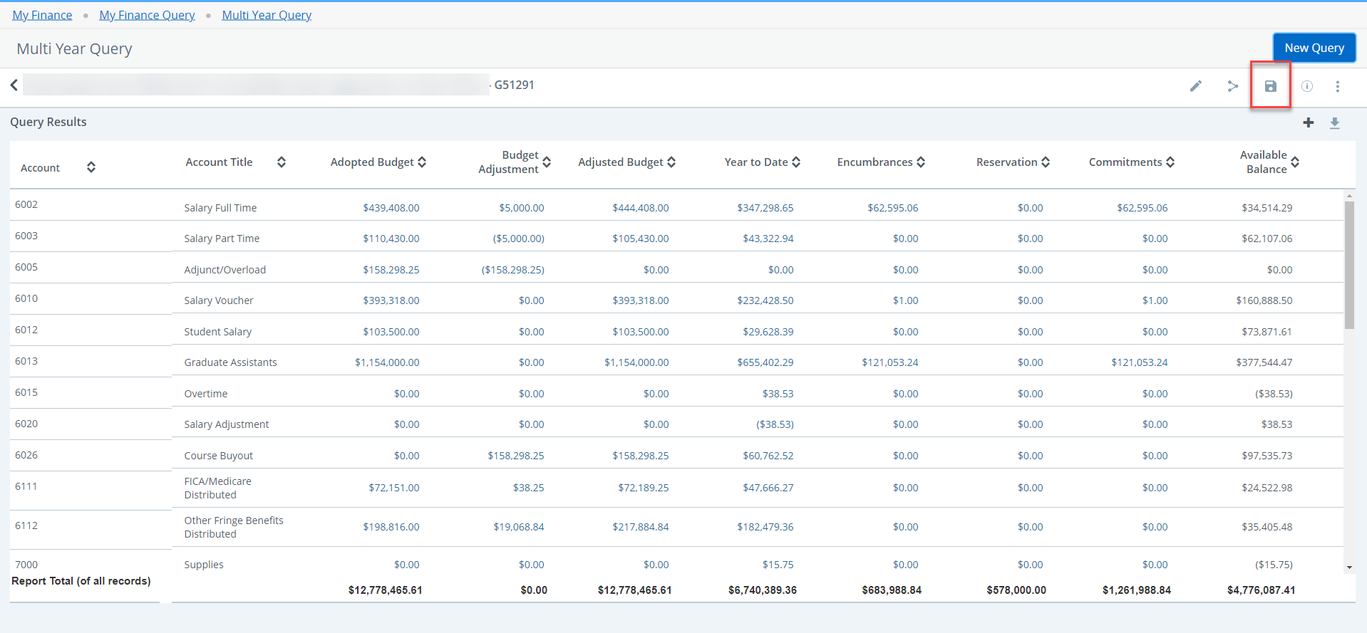 multi year query screen with the save button highlighted in red upper right hand corner