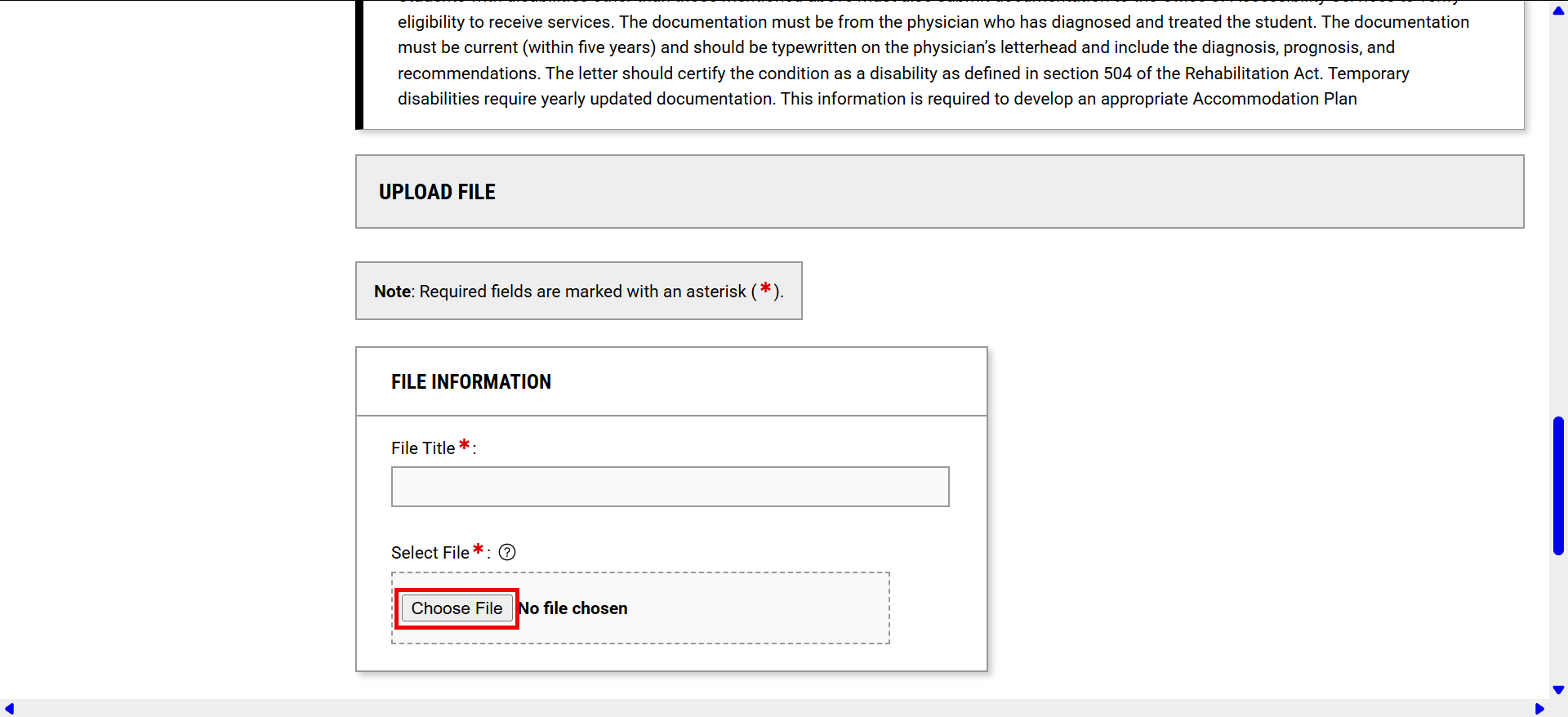 Screenshot with title field and red box around choose file