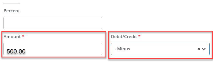 in the percent section the "Amount" and "Debit/Credit" fields are highlighted with Red Boxes around them 