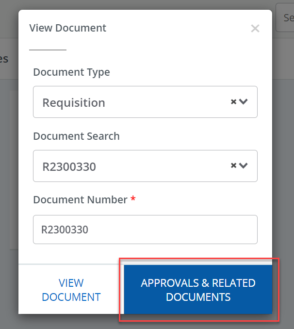 view document screen with the "Approvals & related documents" button highlighted in red