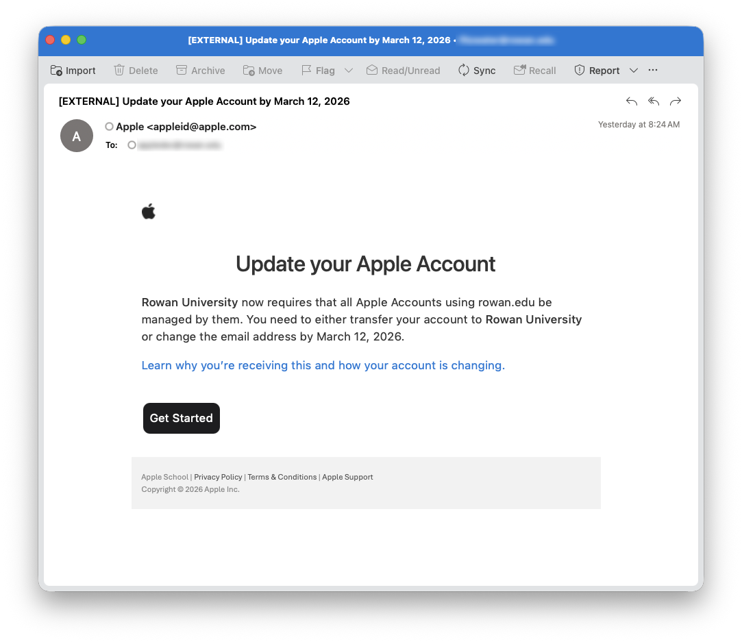 An example of an email from an Apple no-reply email address to an Apple Account using Rowan University's email domain with a subject line and message instructing the user to update their Apple Account, providing the options to either transfer the account to a Rowan University account or change the email address by a certain date.