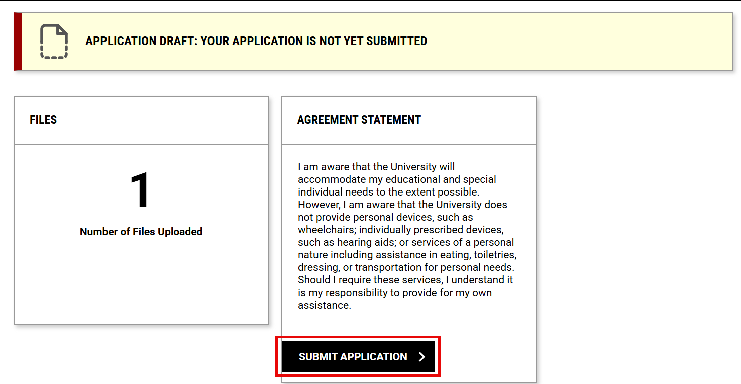 Submit Application page with the Submit Application button highlighted 