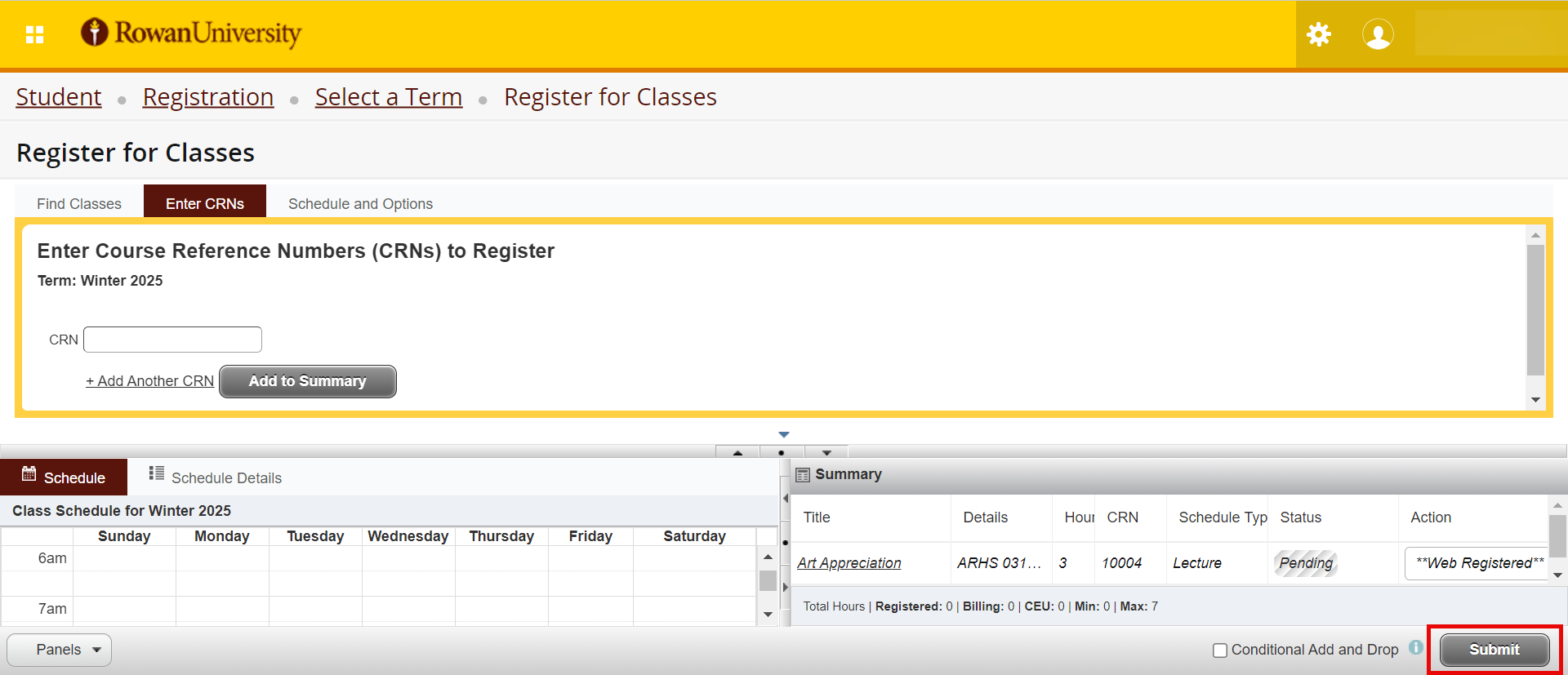 Register for Classes Screen, Submit Button