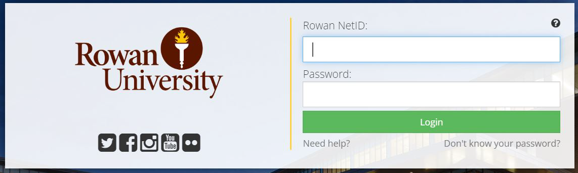 Pop up window with rowan logo flame and fields for Rowan net id and password with green login button